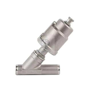 Válvula de pistón de asiento de ángulo neumático de soldadura a tope de tres vías con cabeza de acero inoxidable 