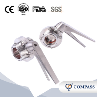 DN25 RD52 × 1/6 Hygienic acero inoxidable de acero inoxidable Grado SS304 Válvula de mariposa roscada manual con manija de gripe de acero inoxidable