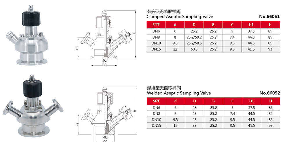 Dibujo de v&aacute;lvulas de muestreo est&eacute;ril as&eacute;ptico SG con asiento PTFE